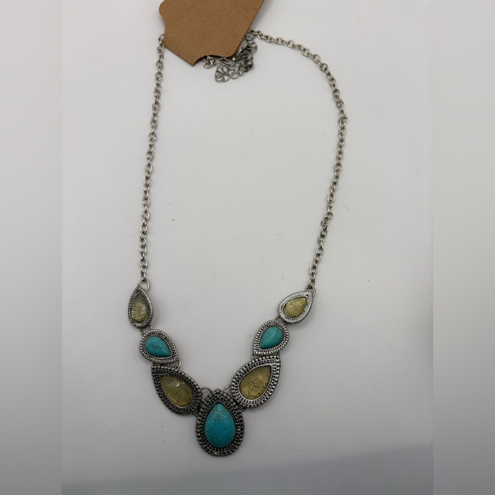 Boho Statement Necklace Silver Tone w/ Turquoise & Yellow Teardrop Stones